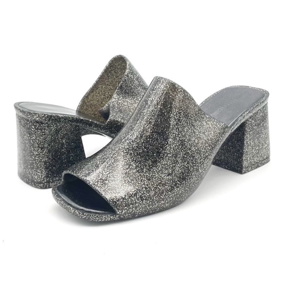 Jeffrey Campbell Petra Block Heel Jelly Slide Black Glitter Sandal Womens Size 6